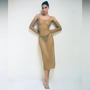 SUBSURFACE EXCLUSIVE GOLDEN TAN CHAINMAIL OPEN KNIT MIDI DRESS COVER UP M $295